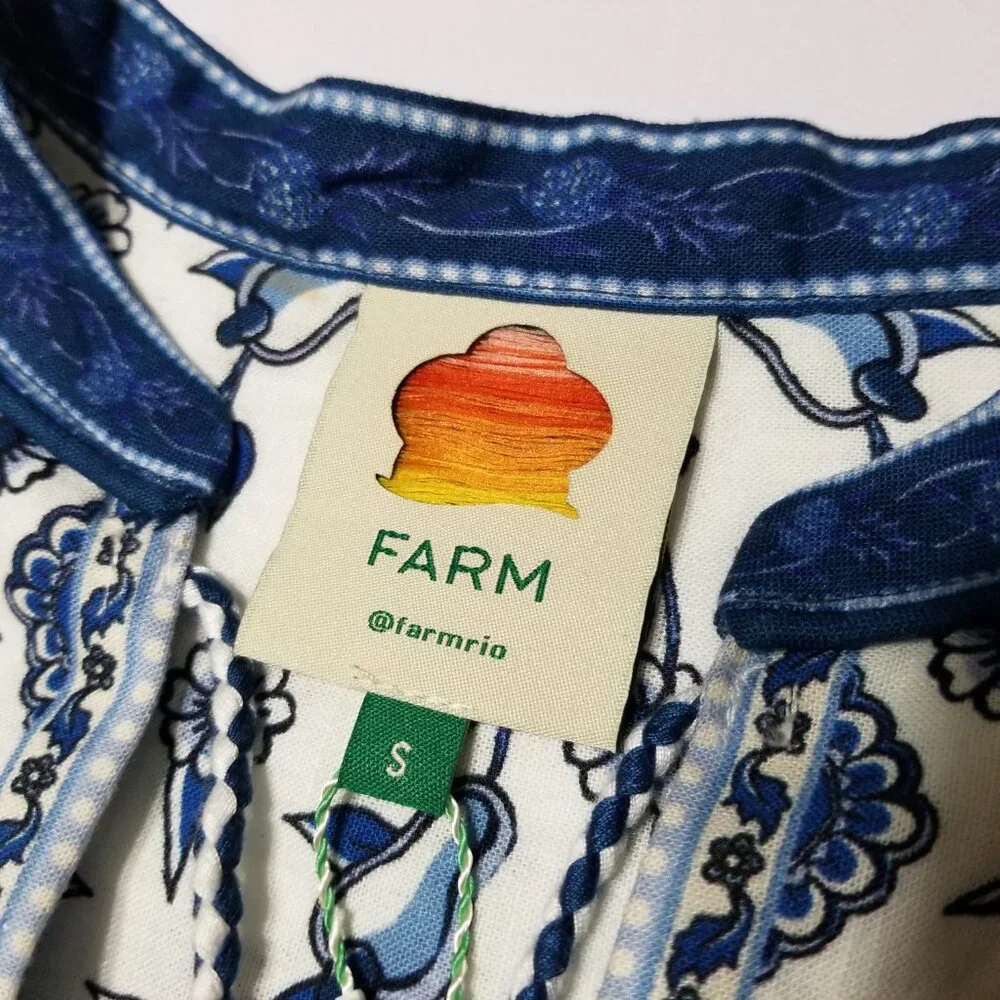 NWT FARM‎ Rio Palm Tree Beach Linen Blend Mini Dress Off White Blue Size S $230